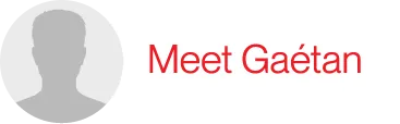 A silhouette of a man in a circle with the words meet gaetan in red.