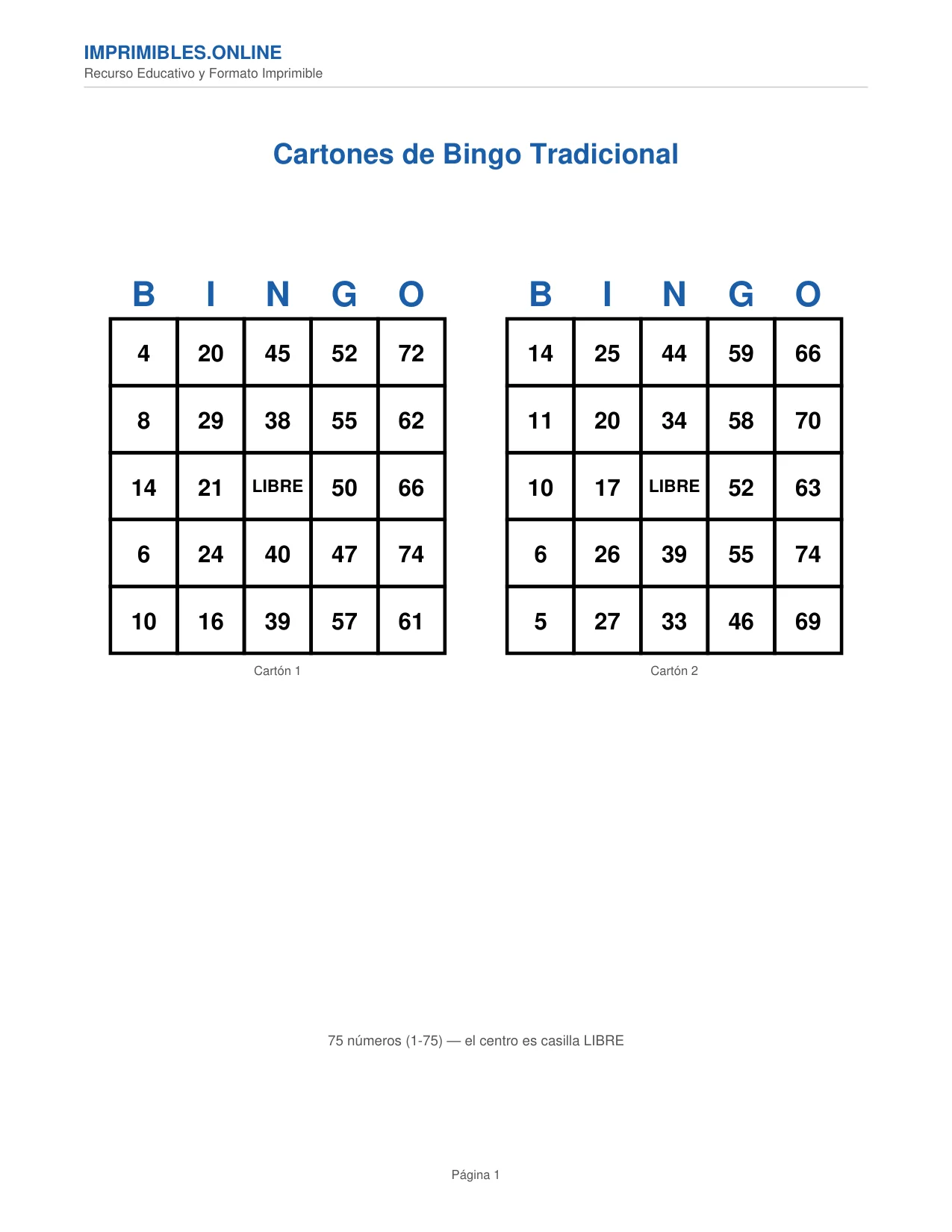 Bingo Tradicional para Imprimir en PDF - Página 1