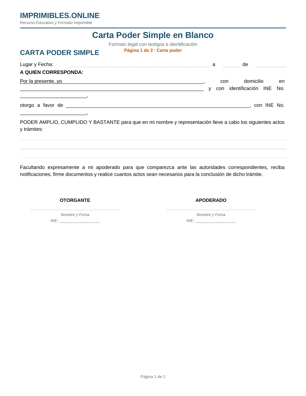 Carta Poder Simple en Blanco en PDF - Página 1