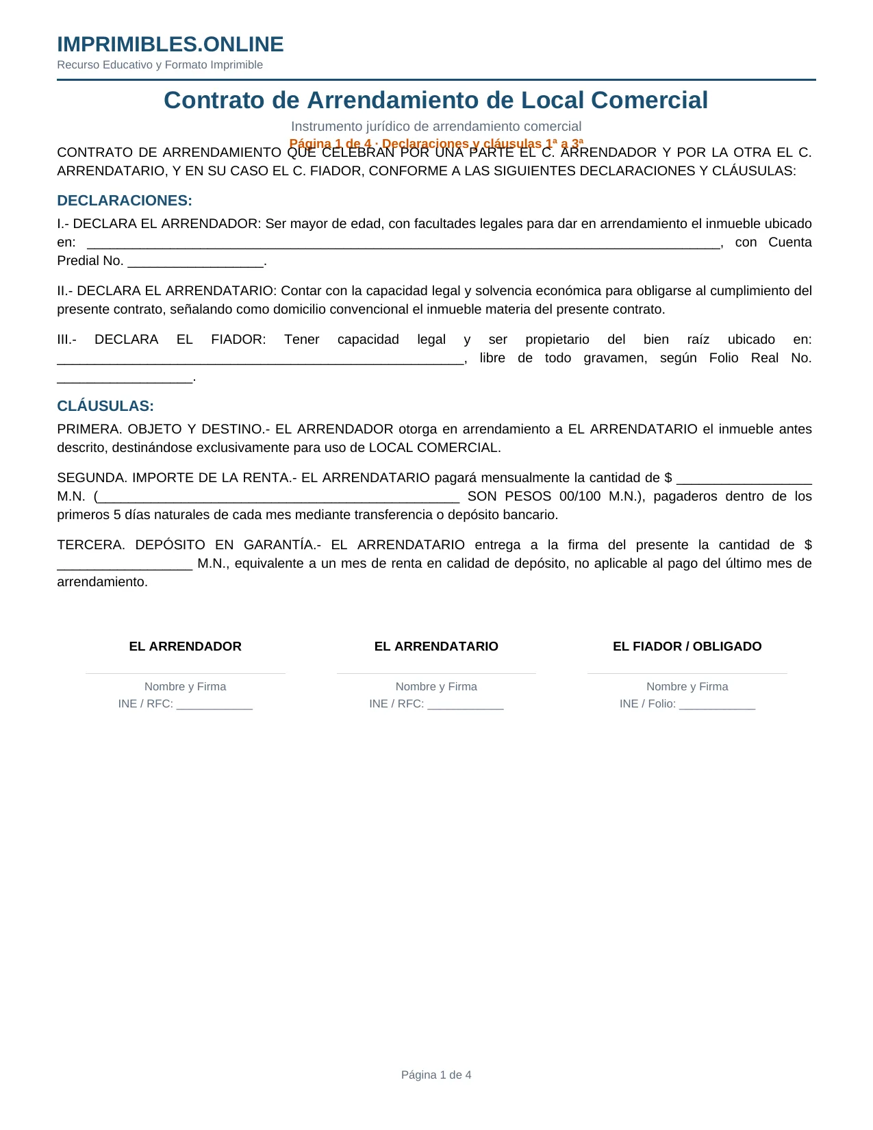 Contrato de Arrendamiento Local Comercial en PDF - Página 1