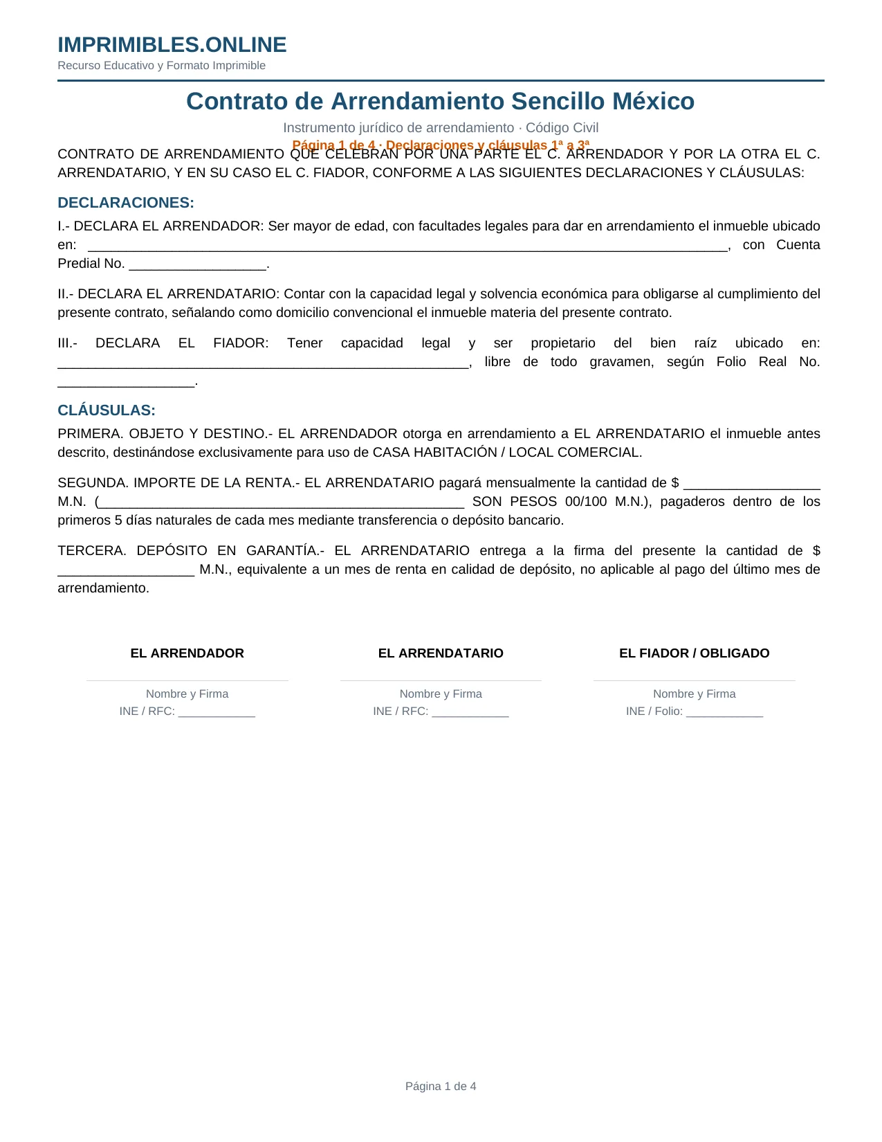 Contrato de Arrendamiento Sencillo México en PDF - Página 1