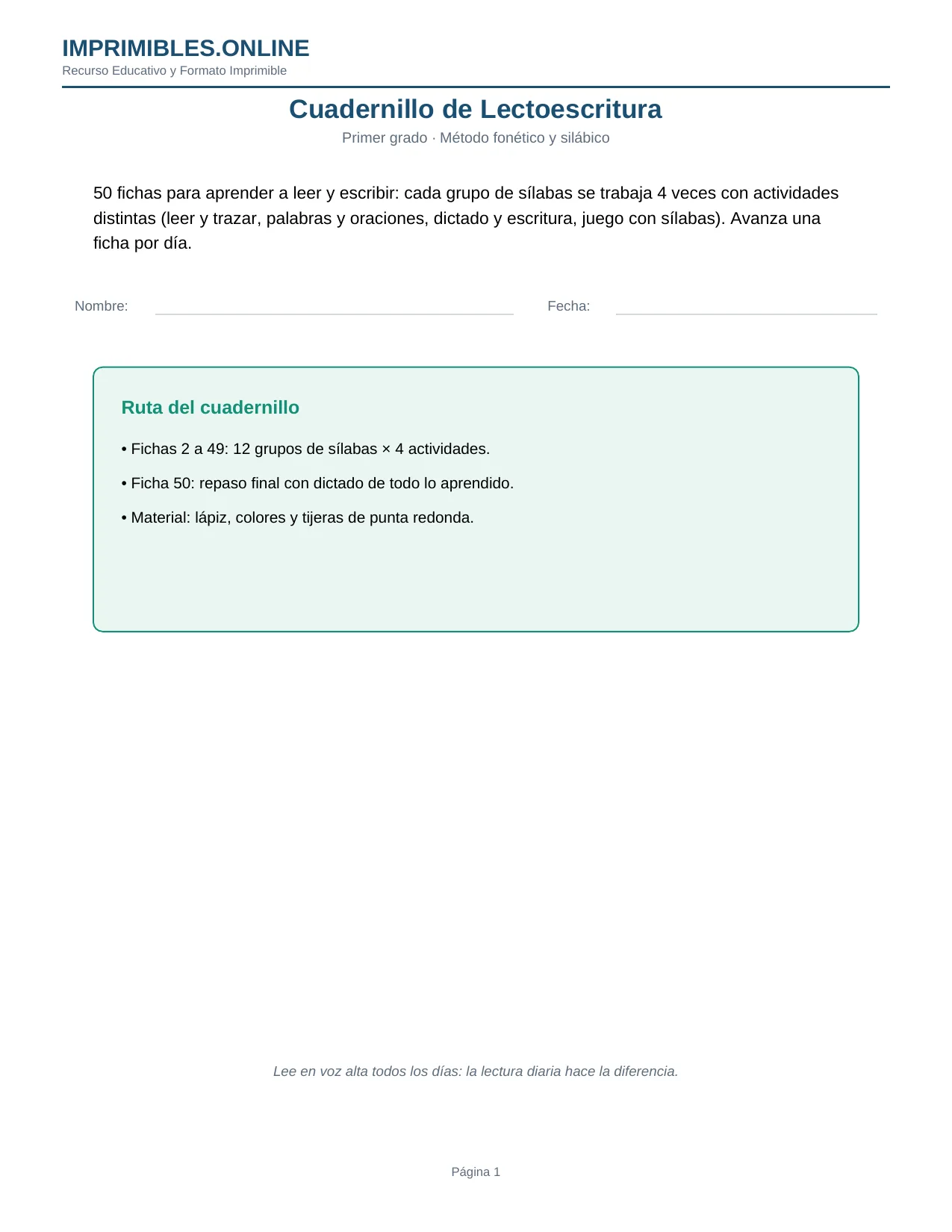Cuadernillo Lectoescritura Primer Grado en PDF - Página 1