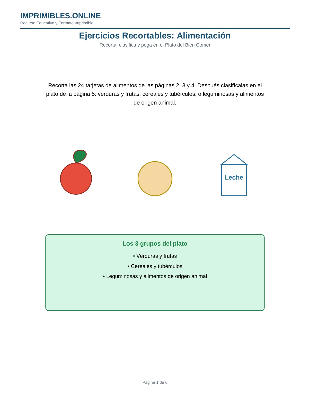 Ejercicios Recortables Alimentación en PDF - Página 1