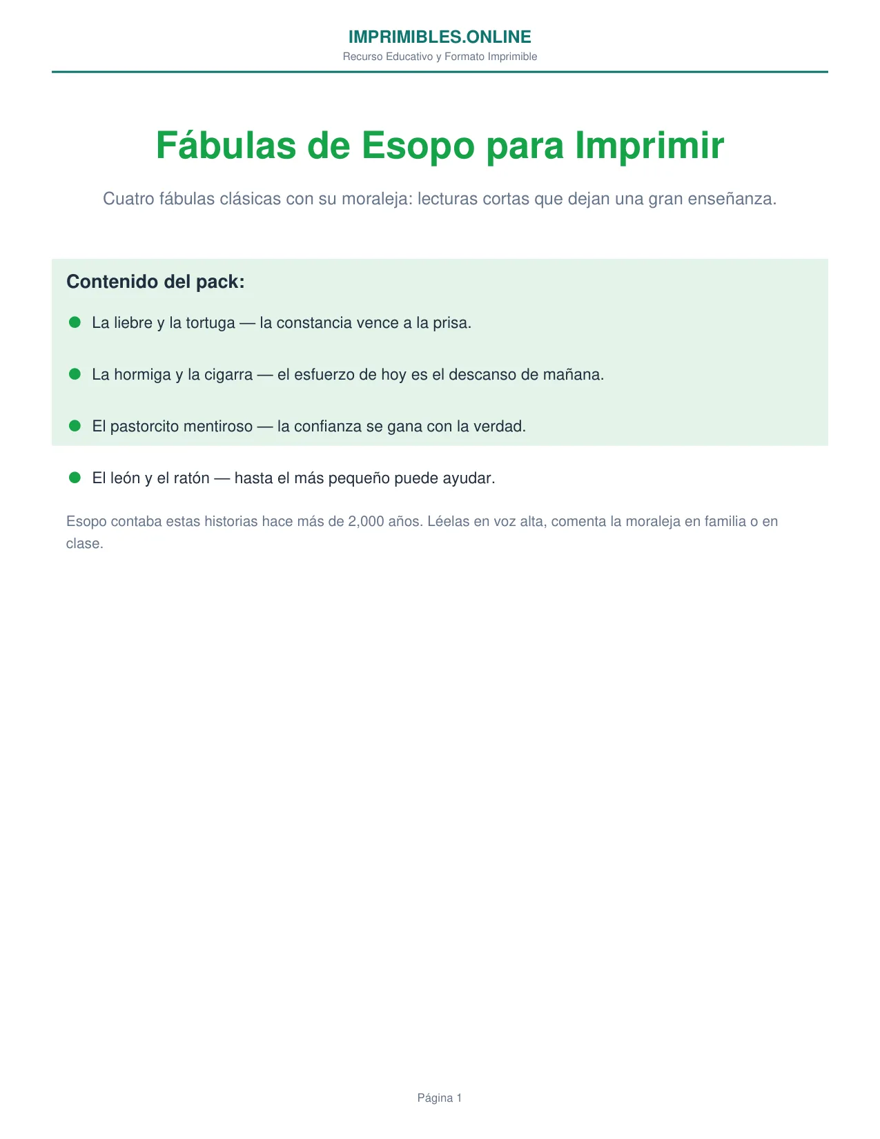 Fábulas de Esopo para Imprimir en PDF - Página 1