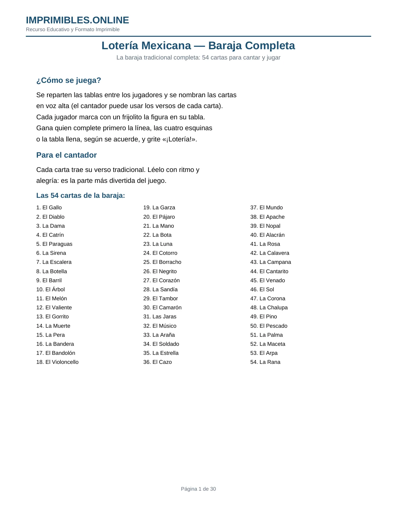 Lotería Mexicana para Imprimir en PDF - Página 1