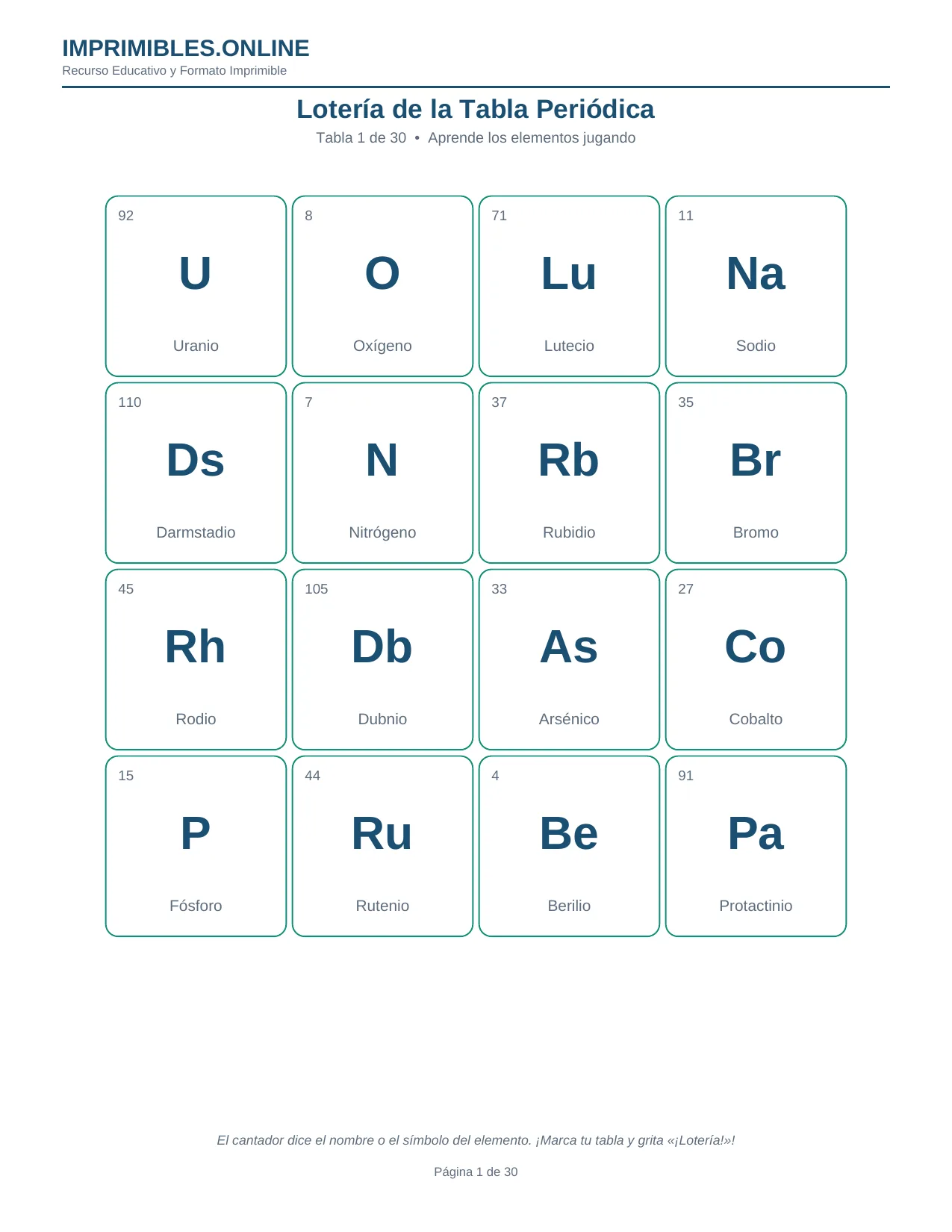 Lotería Tabla Periódica en PDF - Página 1