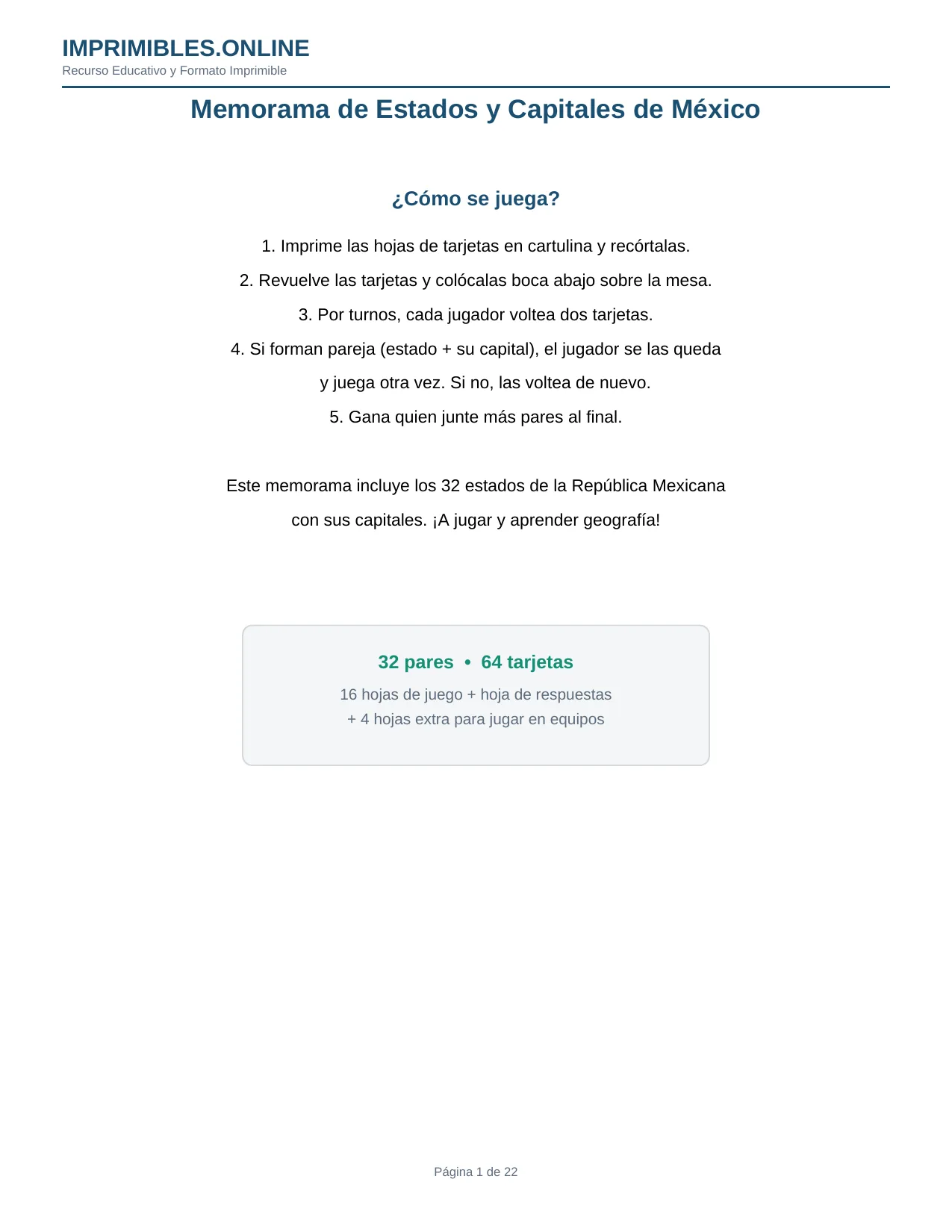 Memorama Estados y Capitales en PDF - Página 1