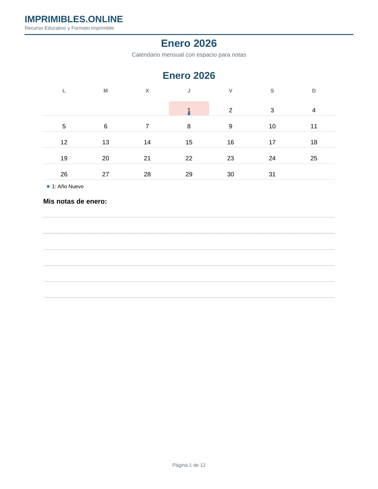 Mes A Mes con Espacio para Notas en PDF - Página 1