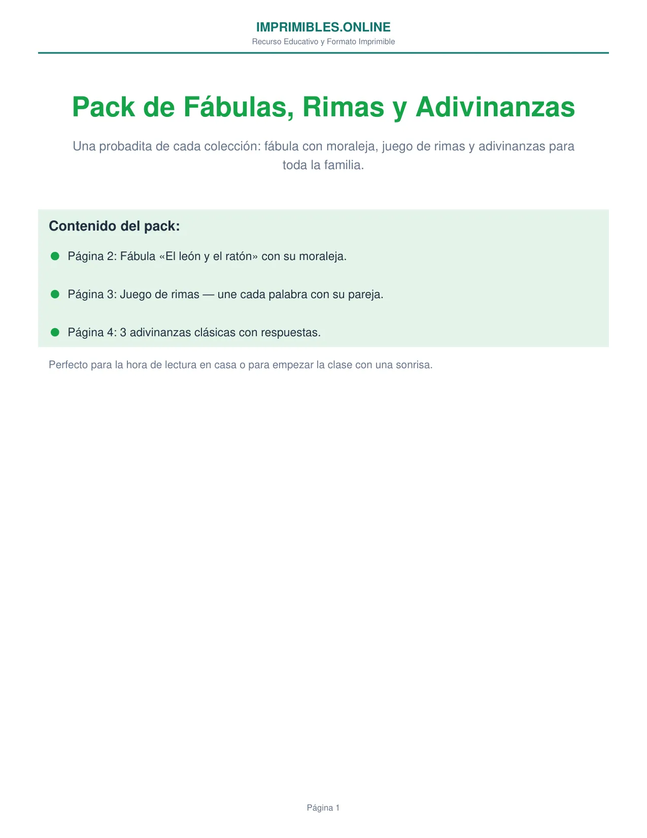 Pack de Fábulas, Rimas y Adivinanzas en PDF - Página 1