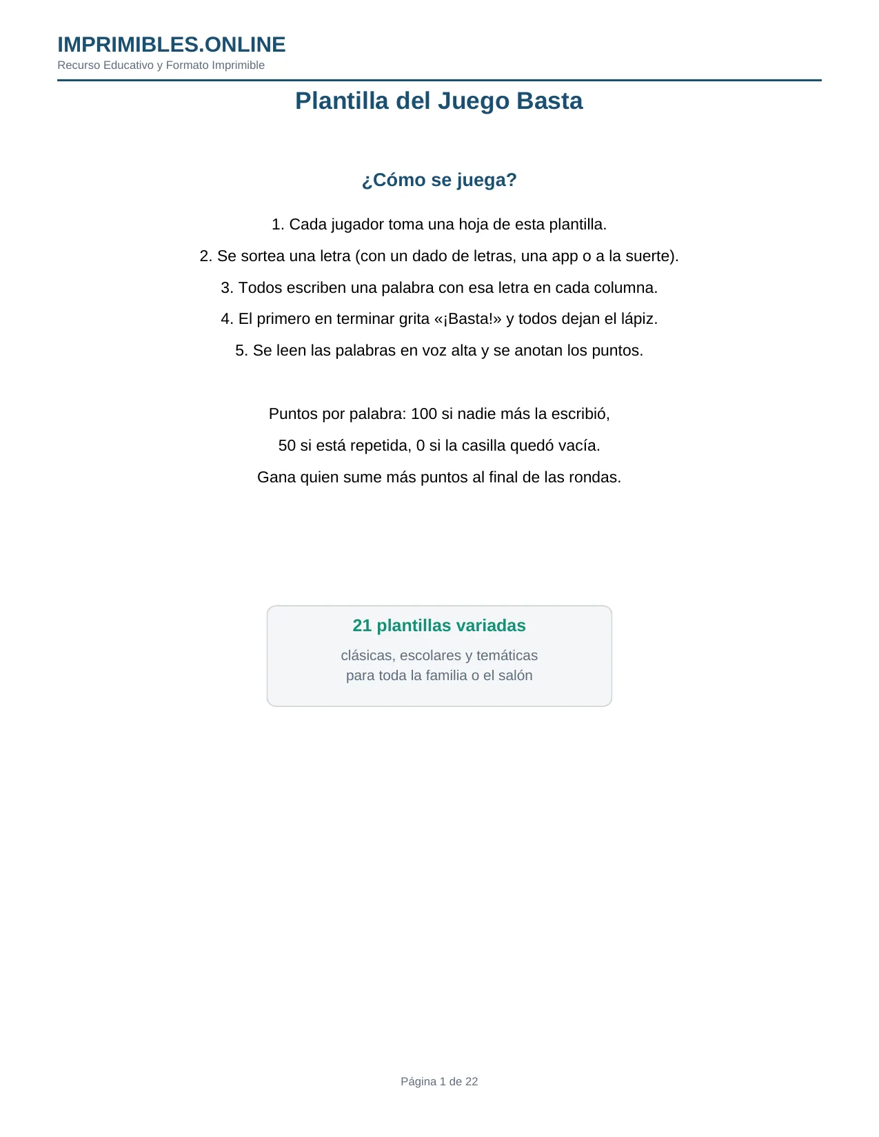 Plantilla Juego Basta en PDF - Página 1
