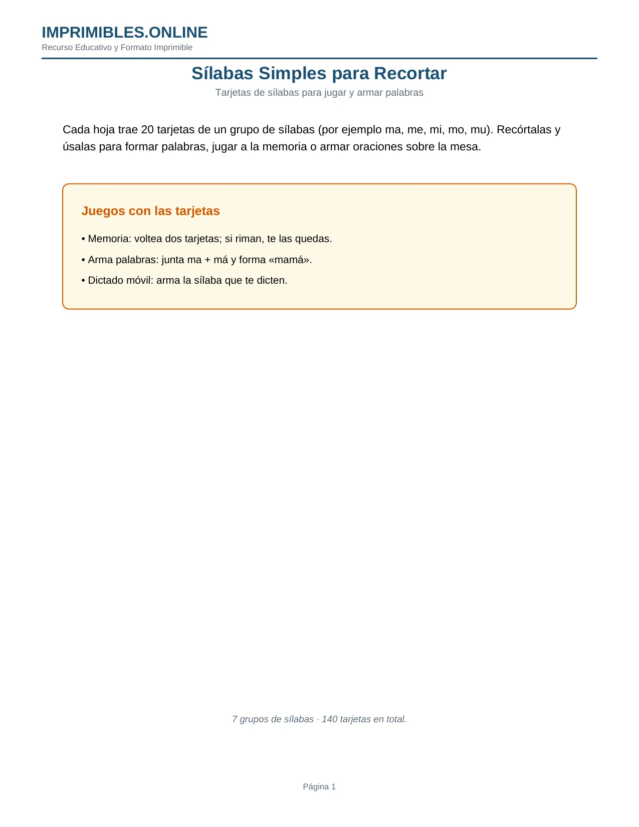 Sílabas Simples para Recortar en PDF - Página 1