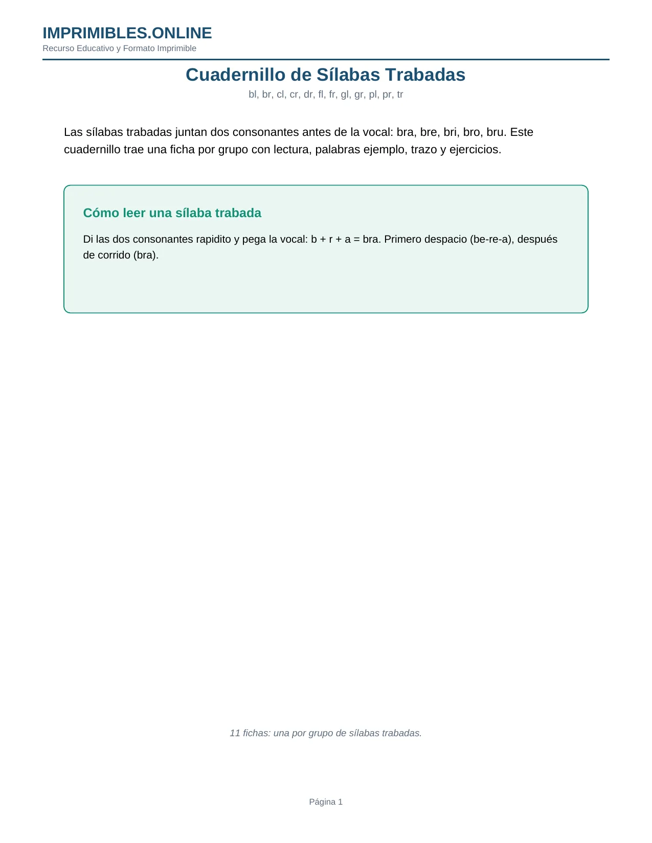Sílabas Trabadas Cuadernillo en PDF - Página 1