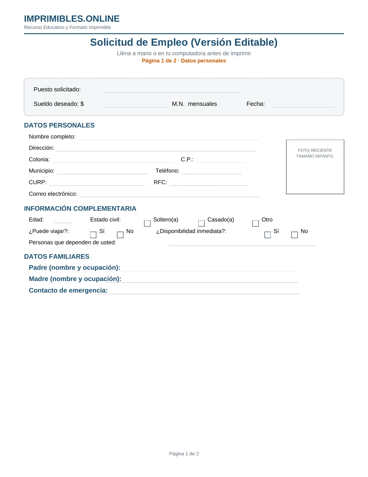 Solicitud de Empleo Editable en PDF - Página 1