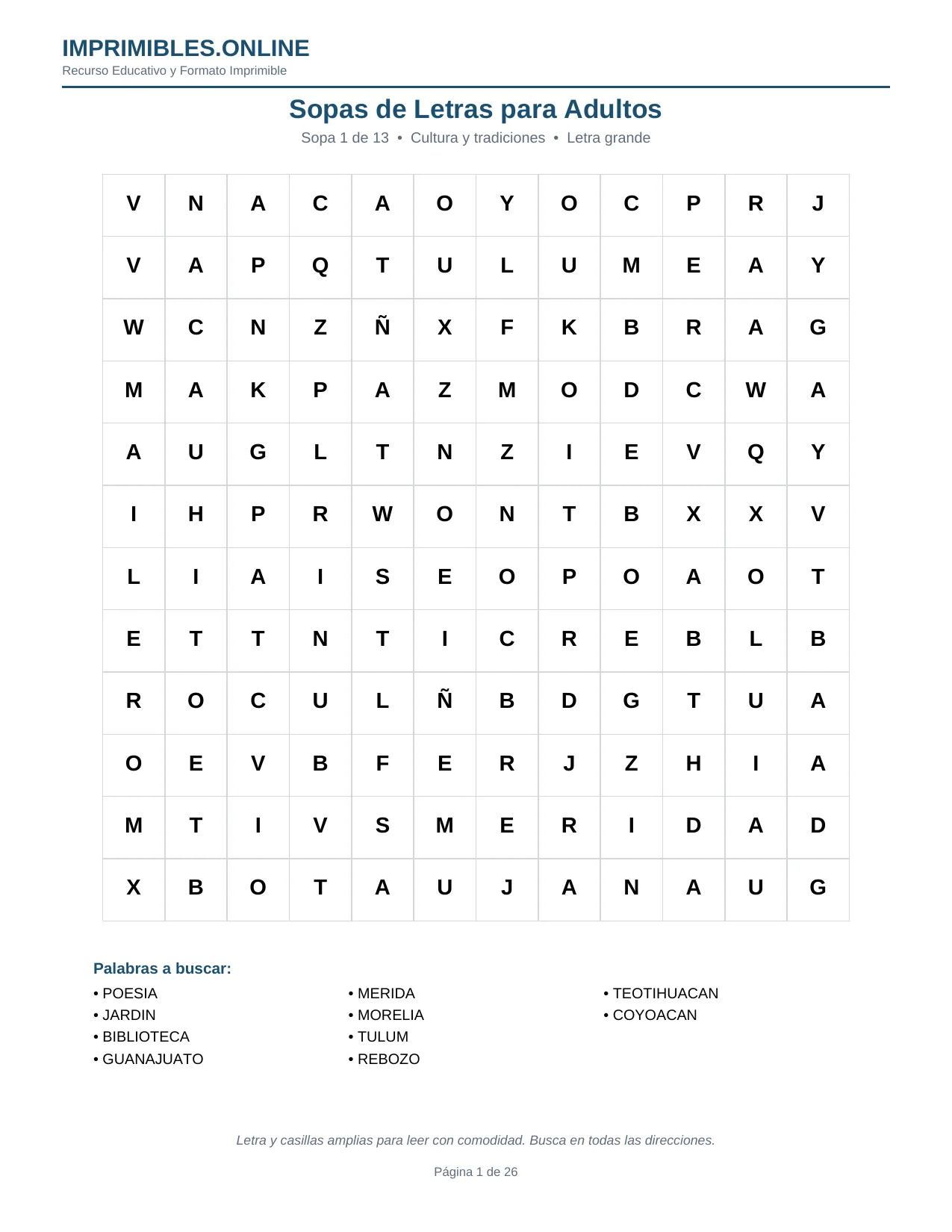 Sopas de Letras para Adultos en PDF - Página 1