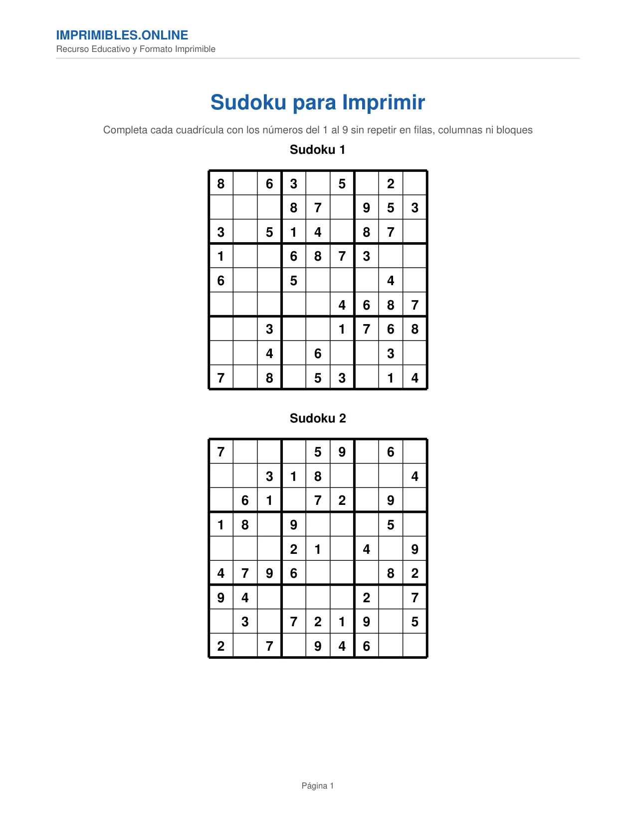 Sudoku para Imprimir en PDF - Página 1
