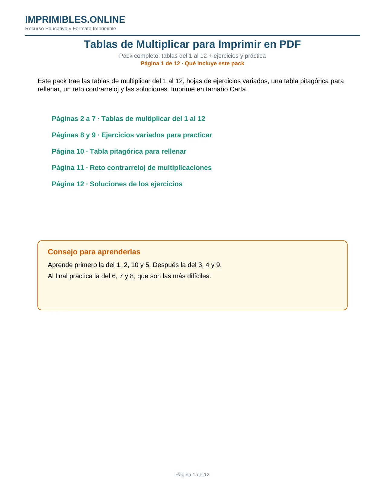 Tablas de Multiplicar para Imprimir en PDF - Página 1